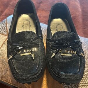 Ted Baker Black Parnell Fur Moccasin Loafer with Gold Accents